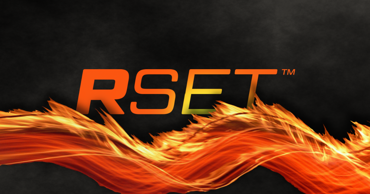 "RSET" text logo on flame